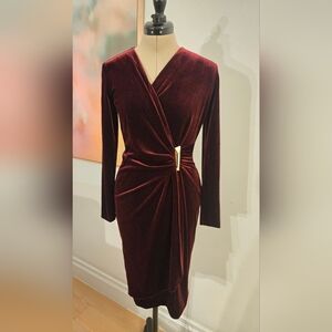 Calvin Klein Velvet Wrap Dress in Deep Burgundy